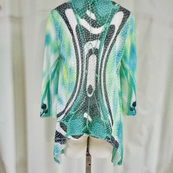 ANIA.A. TURQUOISE WATERCOLOR PRINT 3/4 SLEEVE TIE FRONT LIGHT WEIGHT JACKET S - Picture 5 of 10